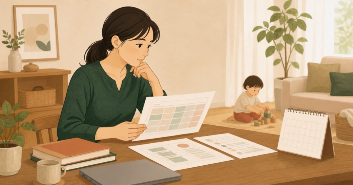 子育てと両立しながら資格講座の学習計画を立てる母親
