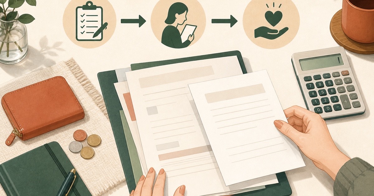 教育訓練給付制度の申請書類と費用を確認するイラスト