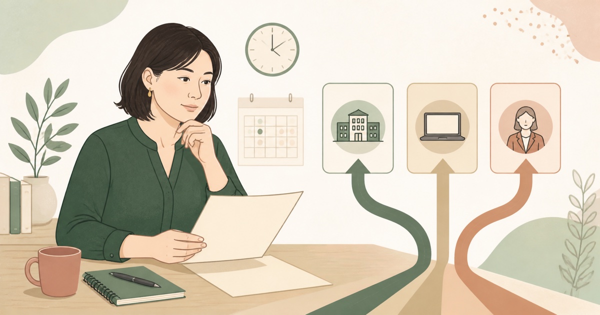求人サービスの選択肢を比較する母親のイラスト