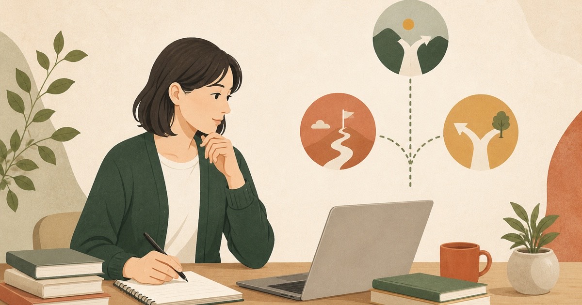 再就職に役立つ資格を比較しながら学ぶ女性のイラスト