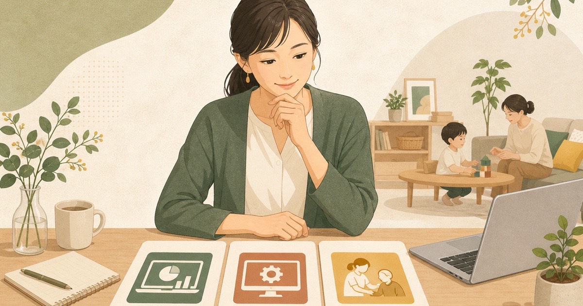 子育て中に職業訓練の分野を比較する女性のイラスト
