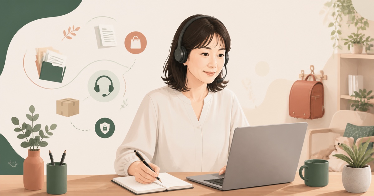 自宅の机で在宅勤務をする母親