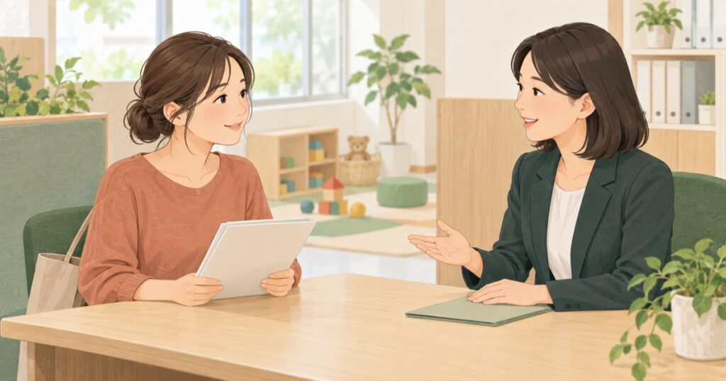 マザーズハローワークで就職相談をする母親