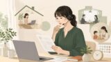 自宅でリモート正社員求人の条件を確認する母親