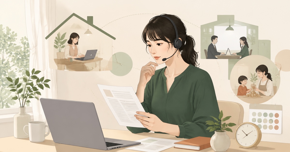 自宅でリモート正社員求人の条件を確認する母親