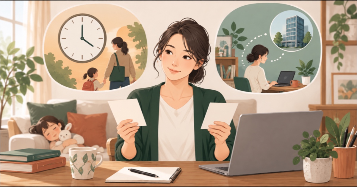 時短勤務とリモートワークの求人条件を比較する母親