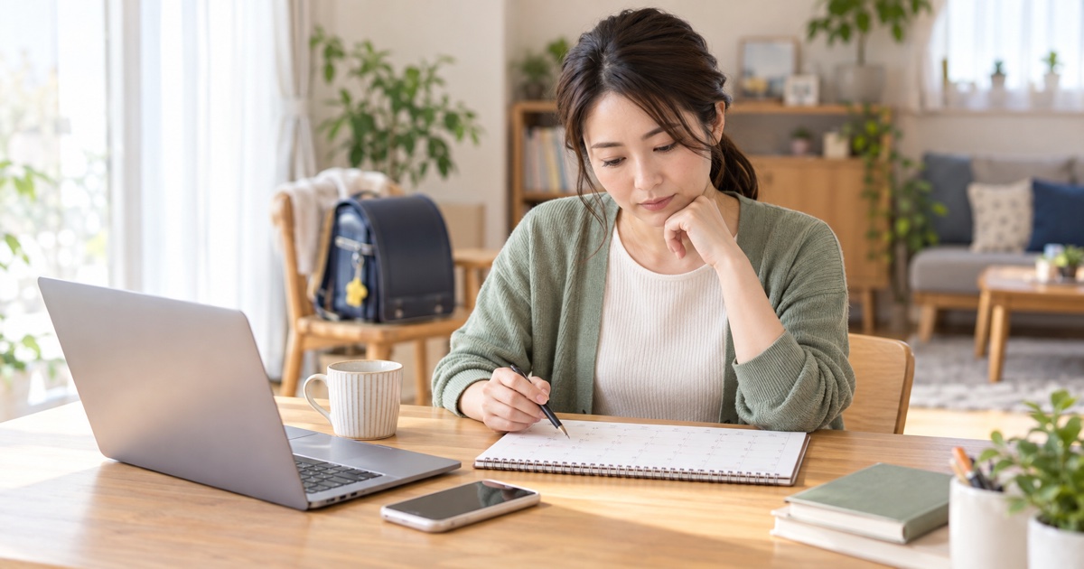 子の看護等休暇を使う日の予定を確認する母親