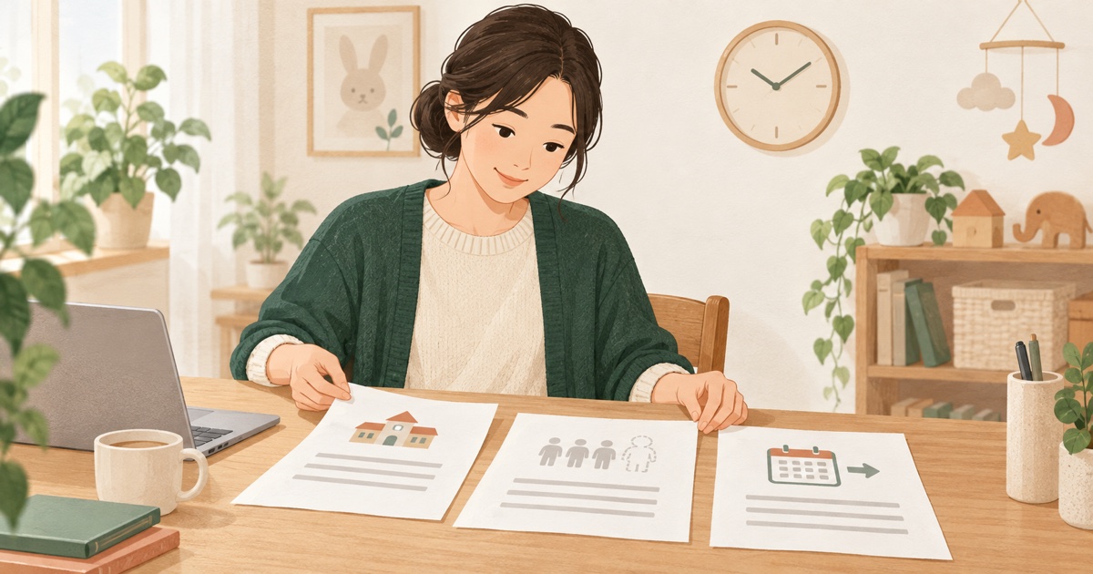 保育園の申込書と育児休業給付金の延長書類を確認する母親