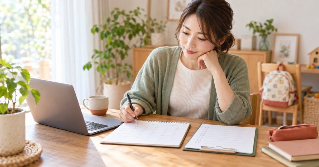 保育園の申込みと再就職活動の予定を整理する母親